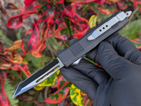 7" Black Mini Tanto Serrated D/A OTF Knife