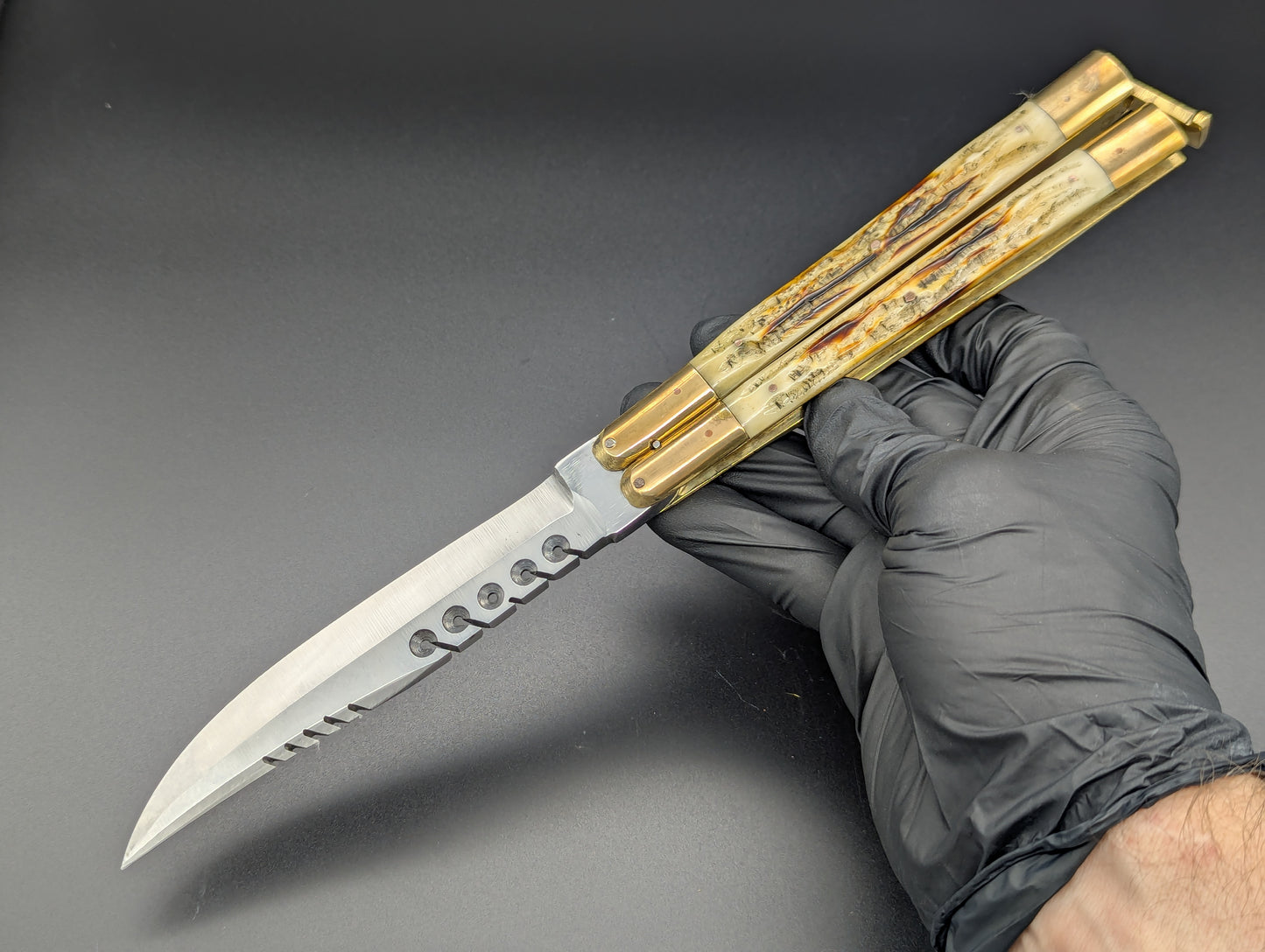 11" JIGGED COWBONE BRASS FHM BALI KNIFE RAMBO CLIP POINT