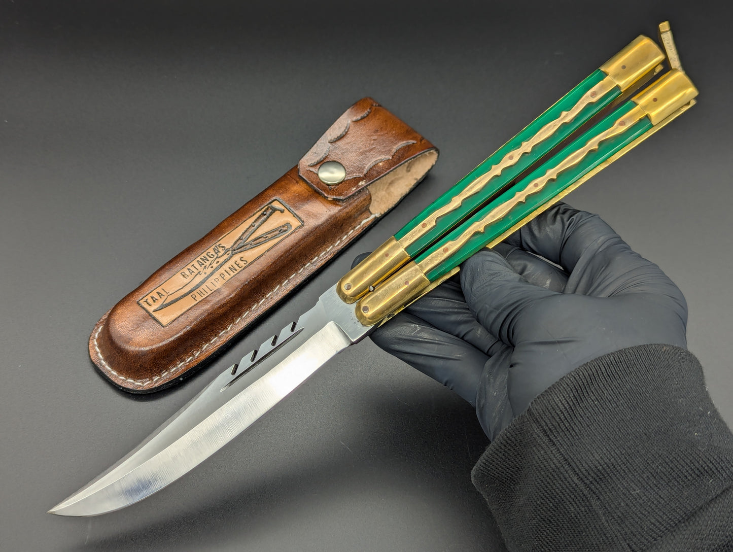 11" KALAPKUP BRASS/ GREEN BLOOD CLIP POINT FHM BALISONG