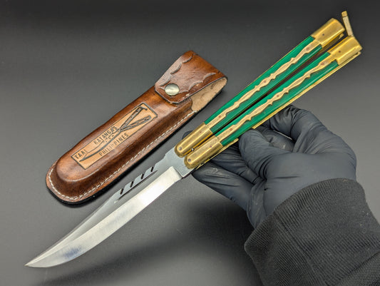 11" KALAPKUP BRASS/ GREEN BLOOD CLIP POINT FHM BALISONG