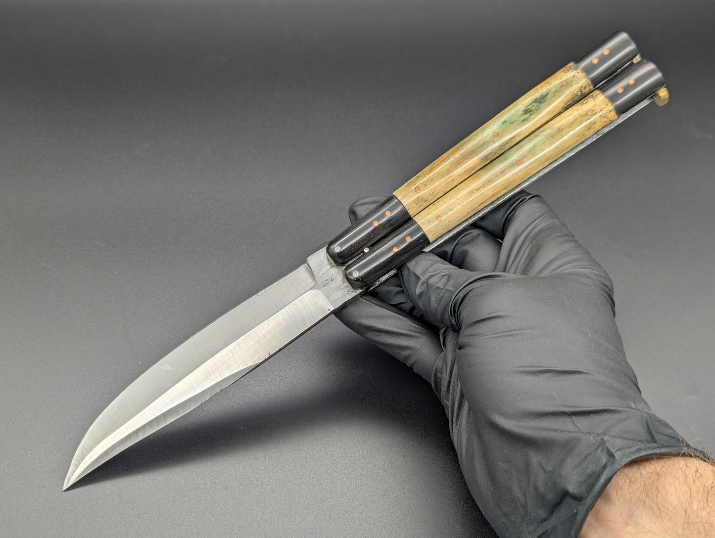 FHM BALISONG AGED BONE & CARABOA HORN 11" OL CLIP POINT BLADE