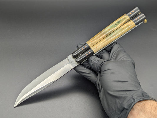FHM BALISONG AGED BONE & CARABOA HORN 11" OL CLIP POINT BLADE
