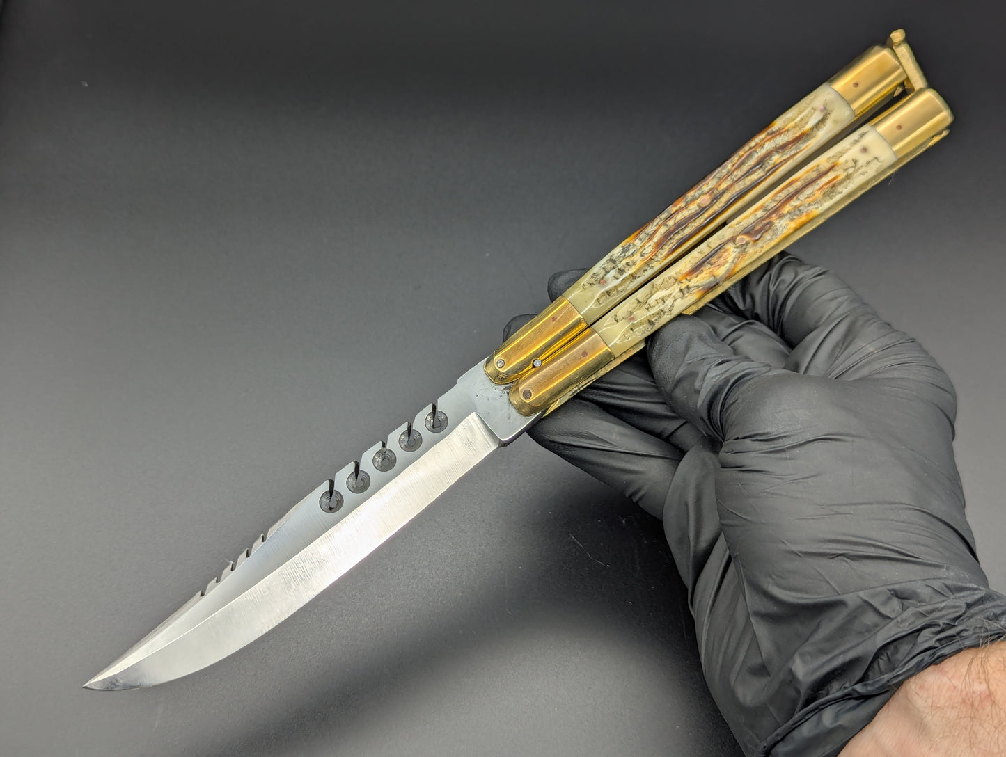 11" JIGGED COWBONE BRASS FHM BALI KNIFE RAMBO CLIP POINT