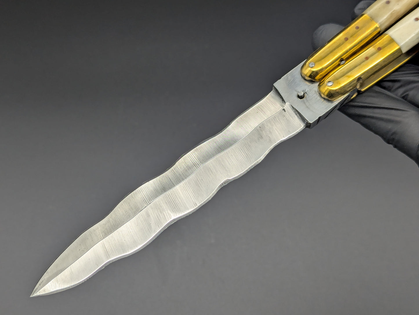 11" FHM BONE / BUFFALO HORN & BRASS BALISONG KRIS BLADE