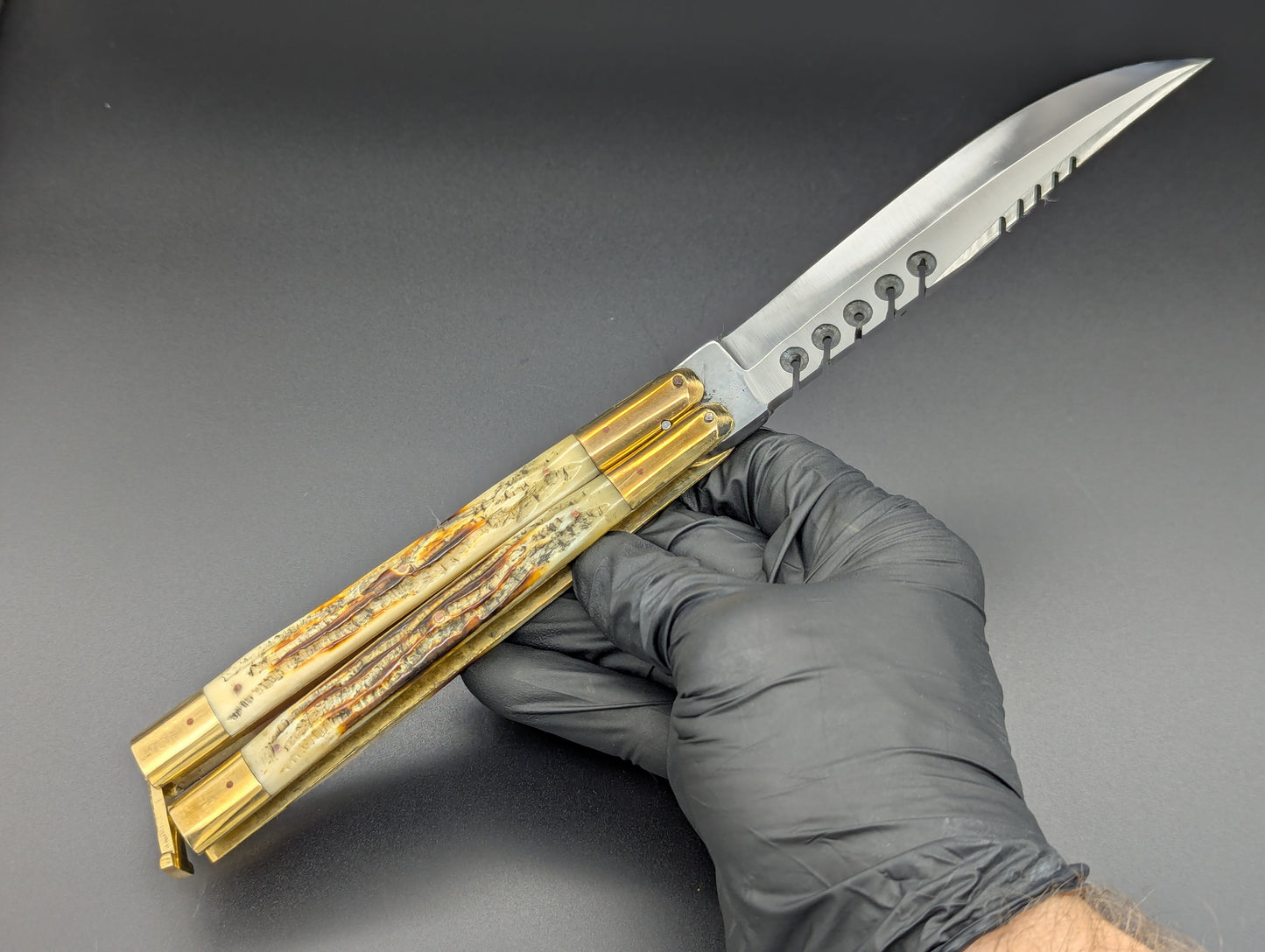 11" JIGGED COWBONE BRASS FHM BALI KNIFE RAMBO CLIP POINT