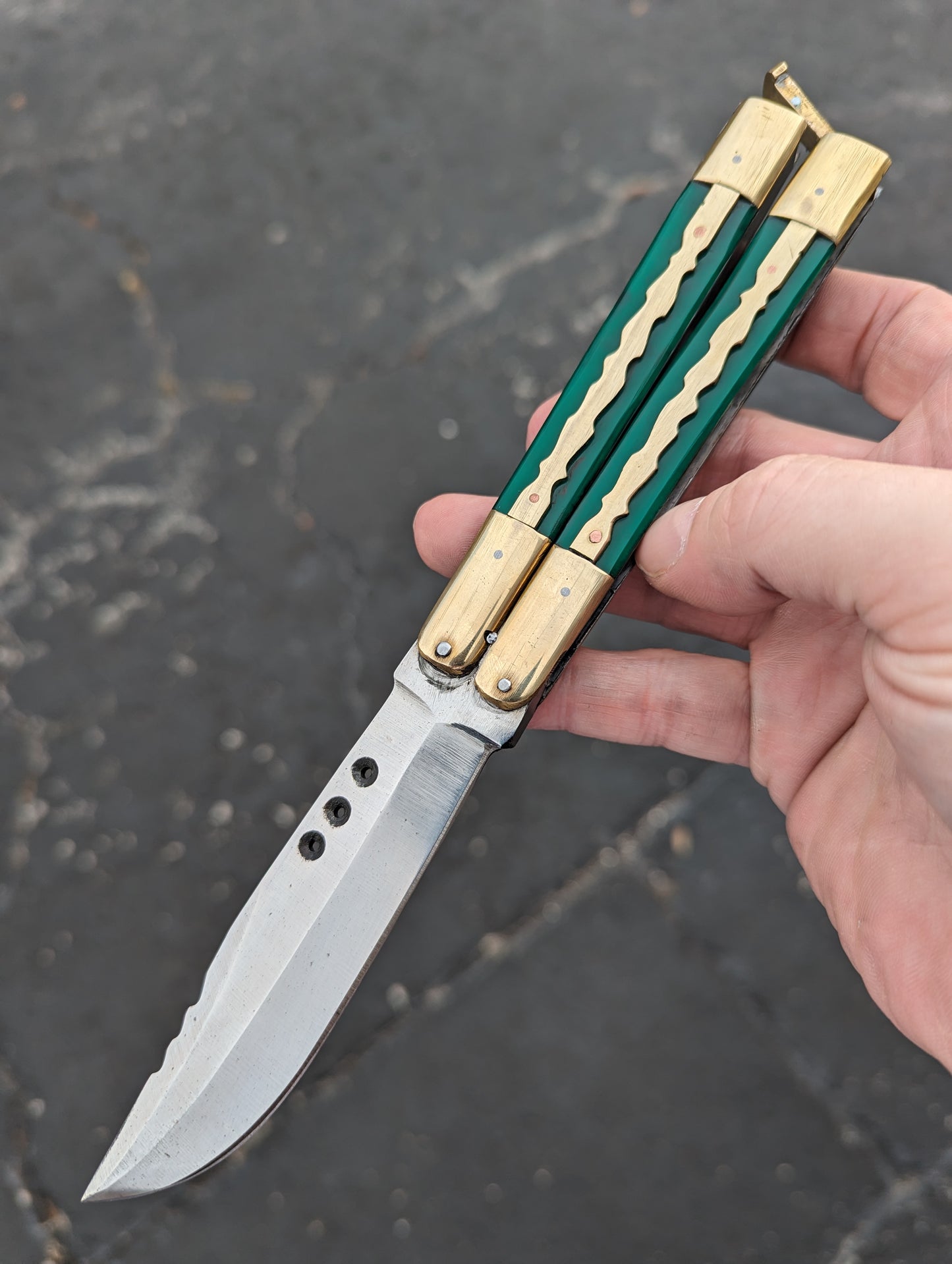 9.5" FHM KALUPKOP GREEN & BRASS BALISONG RAMBO #1