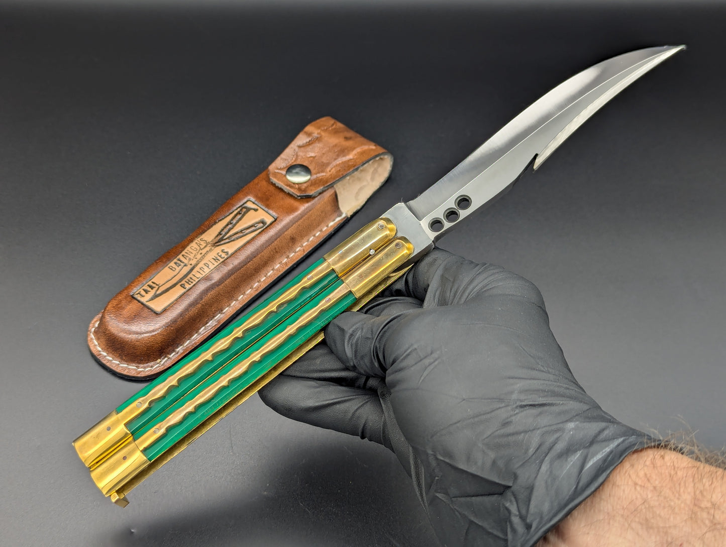 11" GREEN KALAPKOP GUT HOOK CLIP POINT FHM BALISONG