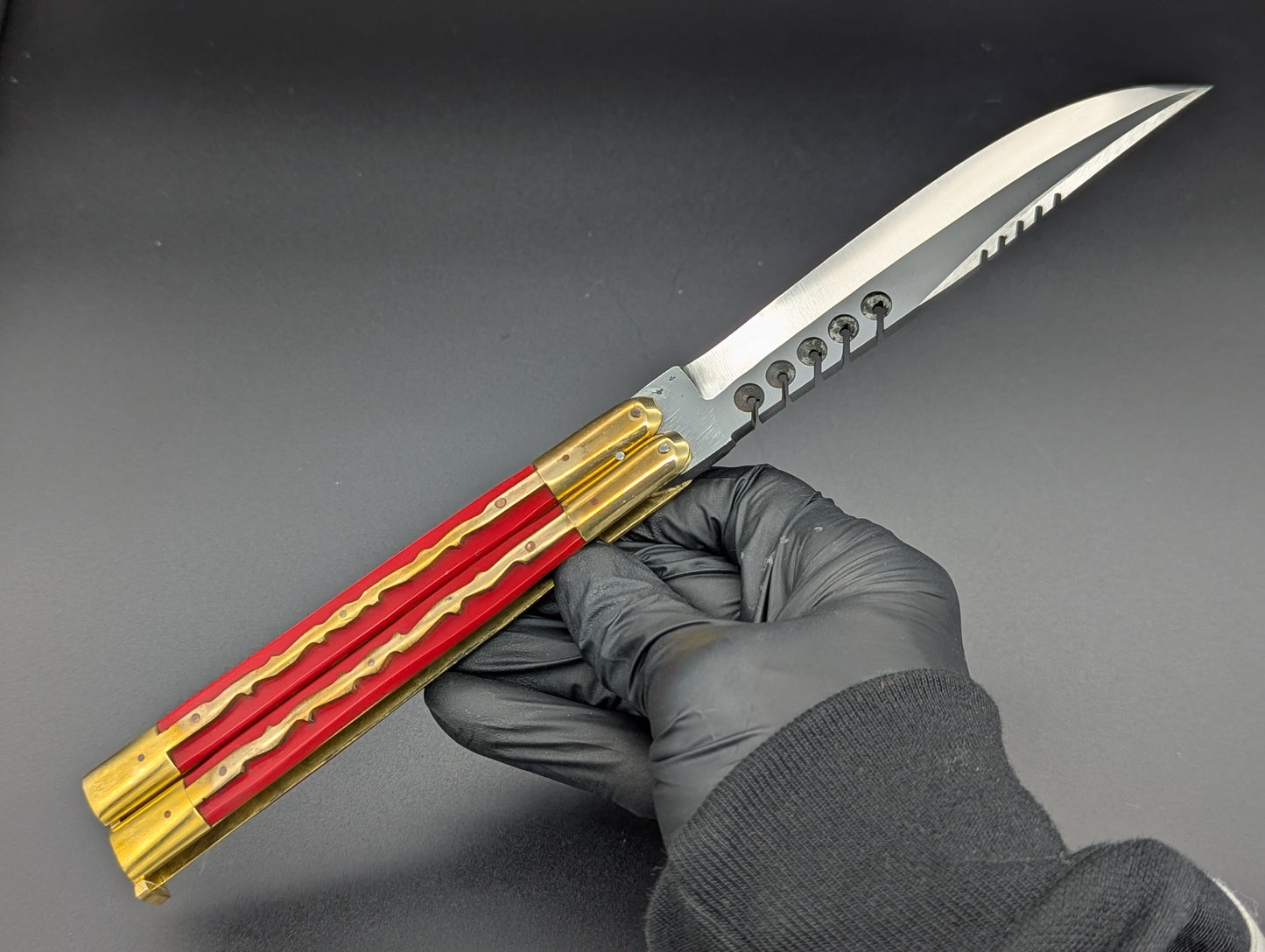 11" KALAPKUP BRASS/ RED RAMBO CLIP POINT FHM BALISONG