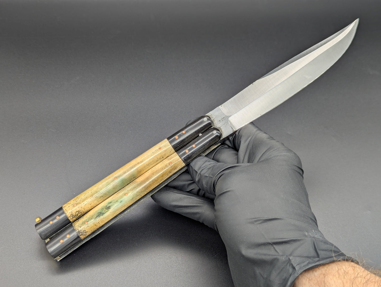 FHM BALISONG AGED BONE & CARABOA HORN 11" OL CLIP POINT BLADE