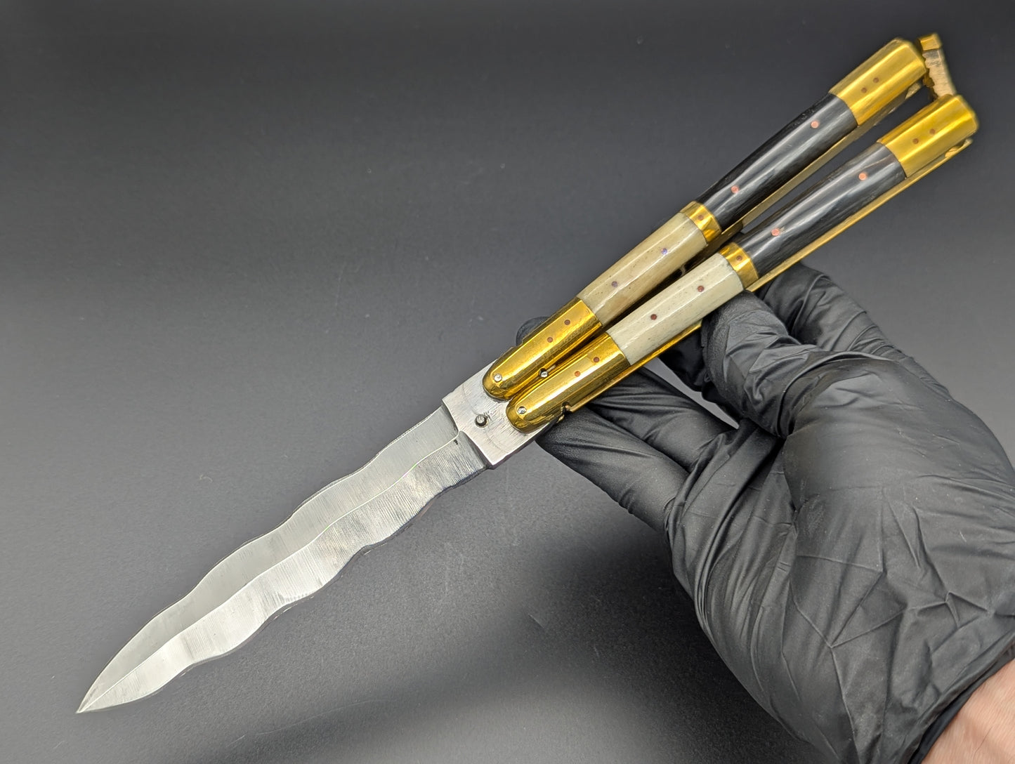 11" FHM BONE / BUFFALO HORN & BRASS BALISONG KRIS BLADE