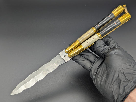 11" FHM BONE / BUFFALO HORN & BRASS BALISONG KRIS BLADE