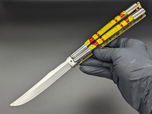 29cm 270g FIESTA FHM BALISONG YELLOW/ RED CLIP POINT