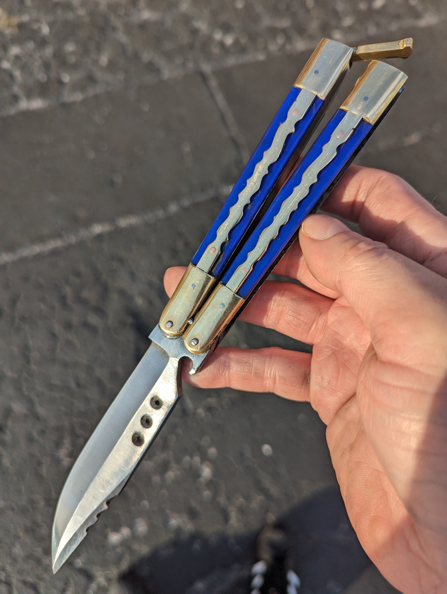 9.5" FHM KALUPKOP BLUE & BRASS BALISONG RAMBO #2
