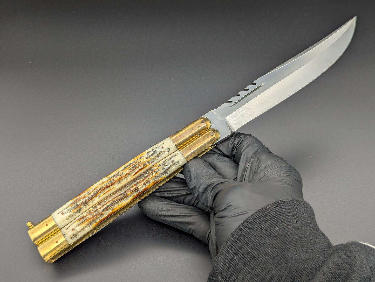 11" JIGGED COWBONE BRASS FHM BALISONG BLOOD CLIP