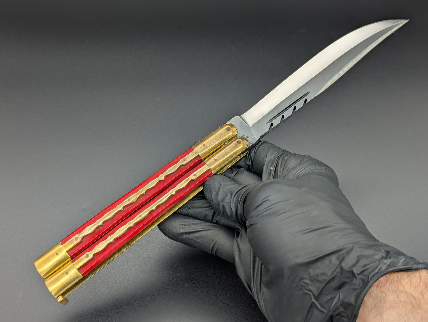 11" KALAPKUP BRASS/ RED BLOOD CLIP POINT FHM BALISONG