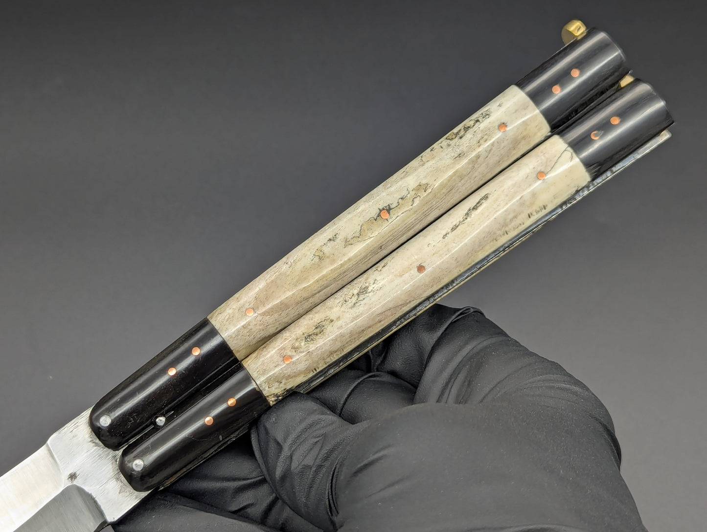 FHM BALISONG AGED BONE & CARABOA HORN 11" OL CLIP POINT BLADE