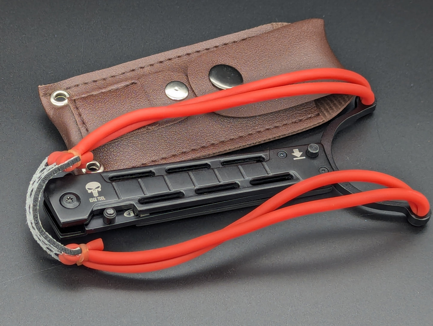 Spring Assisted Tanto Knife w/ Dual Band Slingshot