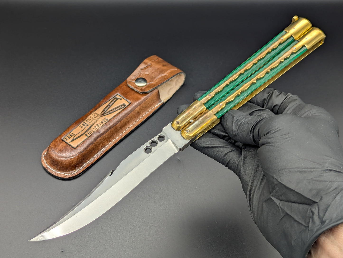 11" GREEN KALAPKOP GUT HOOK CLIP POINT FHM BALISONG