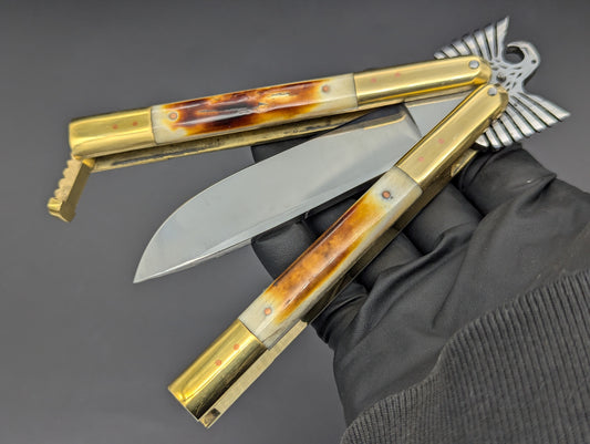 22cm PHILIPPINES HANDMADE EAGLE TANG BALISONG KNIFE BURNT BONE 2