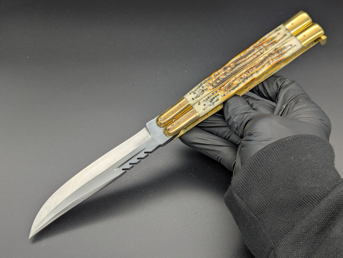 11" JIGGED COWBONE BRASS FHM BALISONG BLOOD CLIP