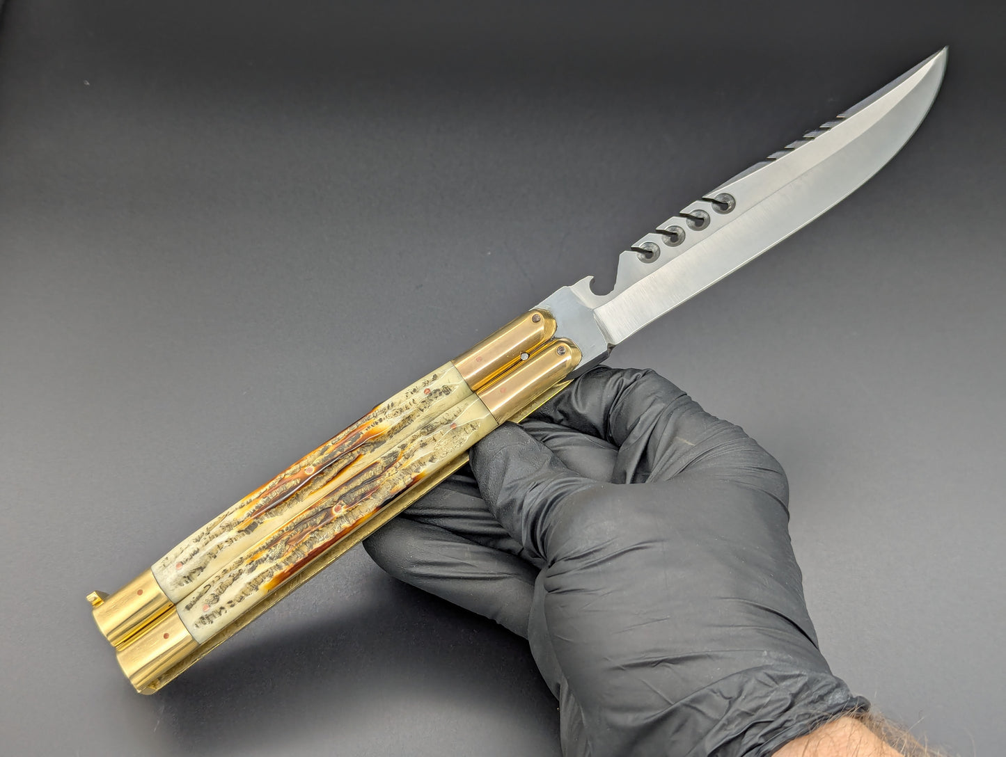 11" JIGGED COWBONE BRASS FHM BALI KNIFE RAMBO B/O CLIP POINT