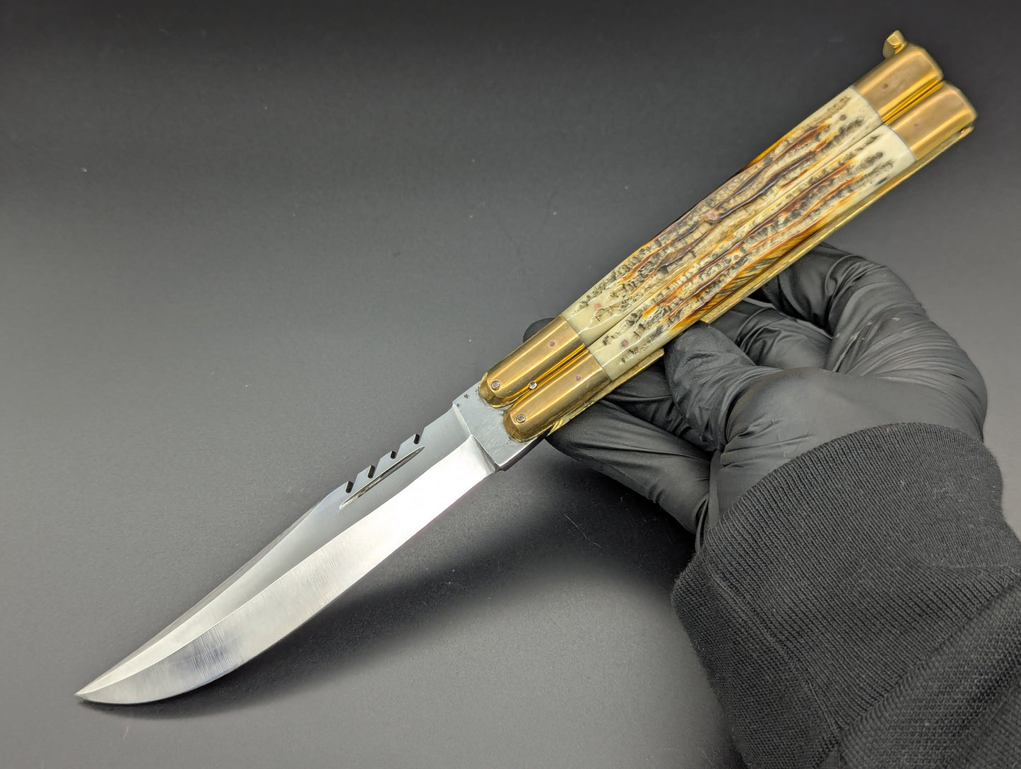 11" JIGGED COWBONE BRASS FHM BALISONG BLOOD CLIP