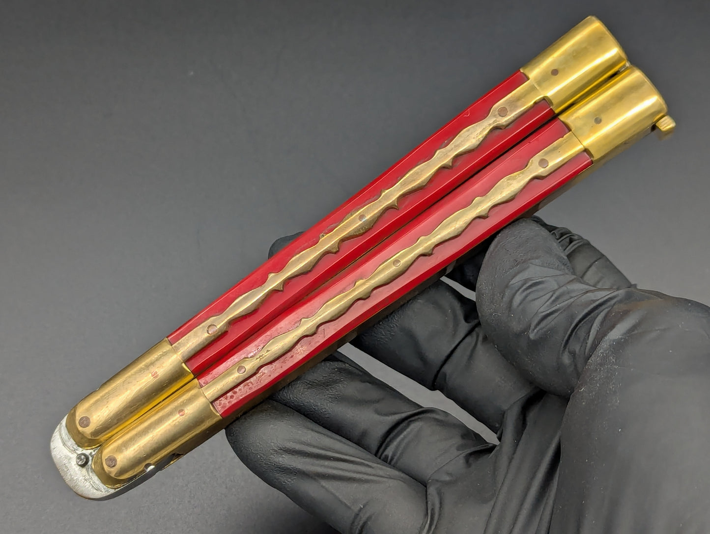 11" KALAPKUP BRASS/ RED BLOOD CLIP POINT FHM BALISONG