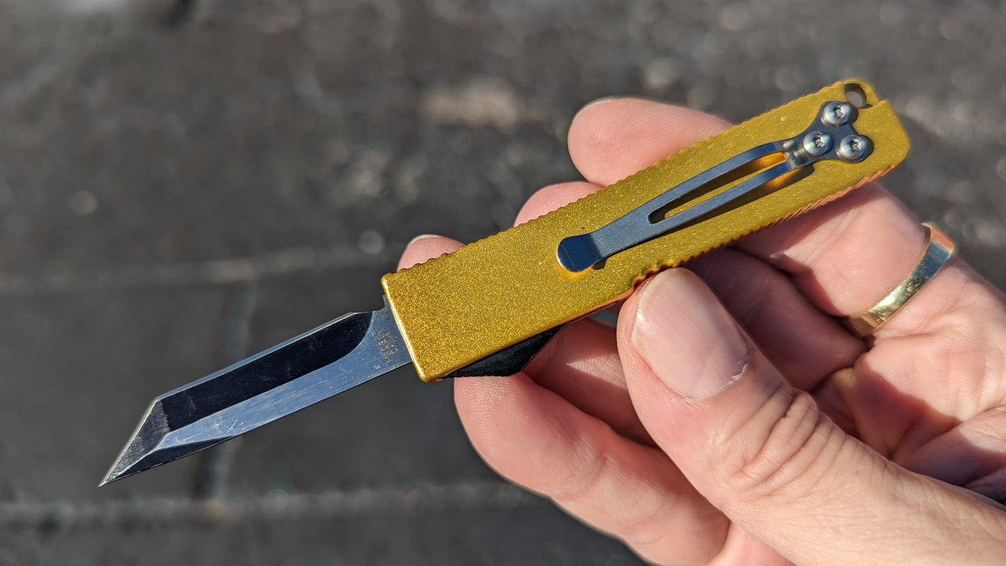 GOLD FIRECRACKER MINI D/A OTF KNIFE w/ TANTO