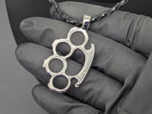 20" CHROME BRASS KNUCKLE DUSTER PENDANT & NECKLACE