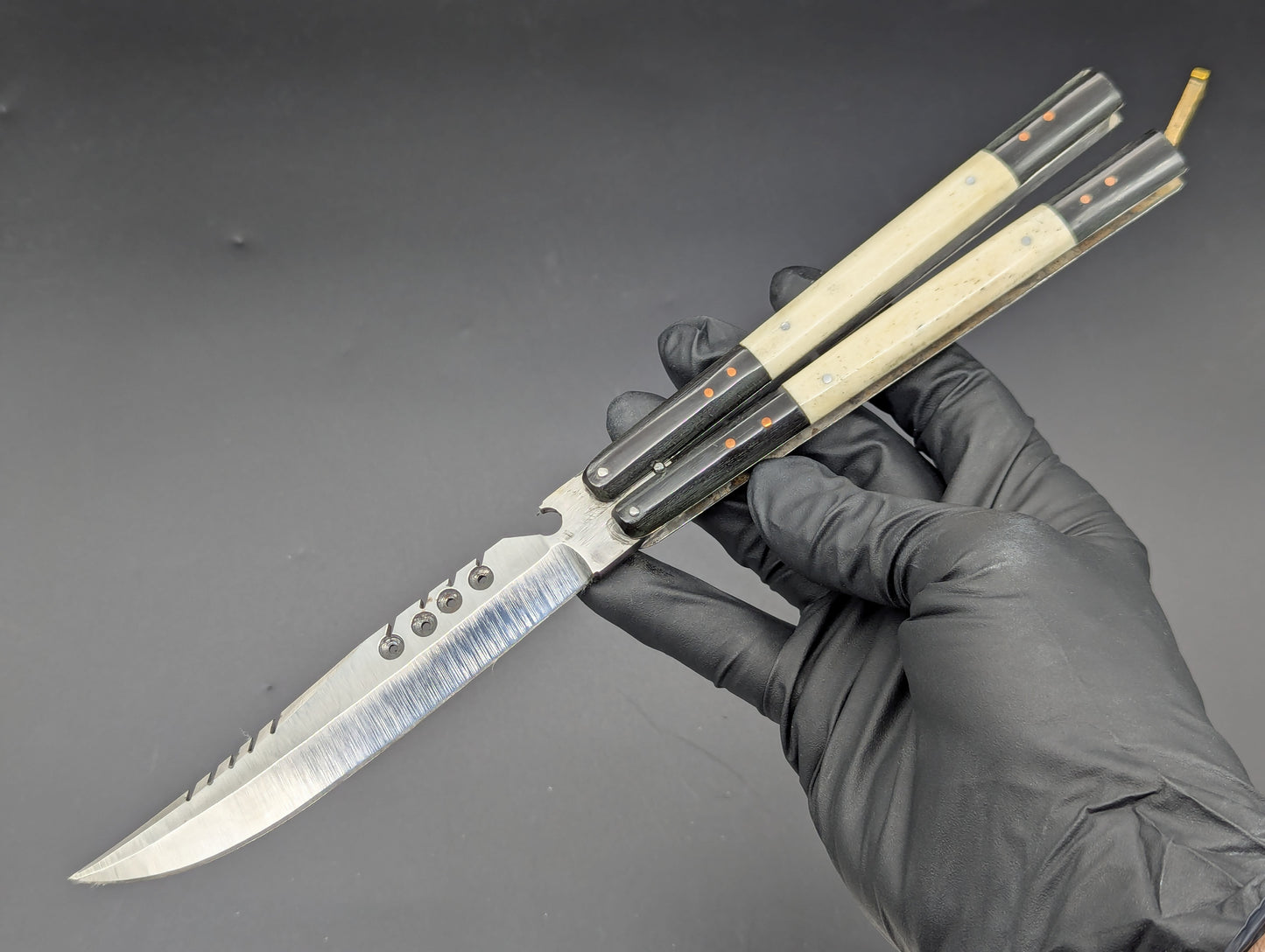 FHM BALISONG AGED BONE & CARABOA HORN 11" OL CLIP POINT BLADE