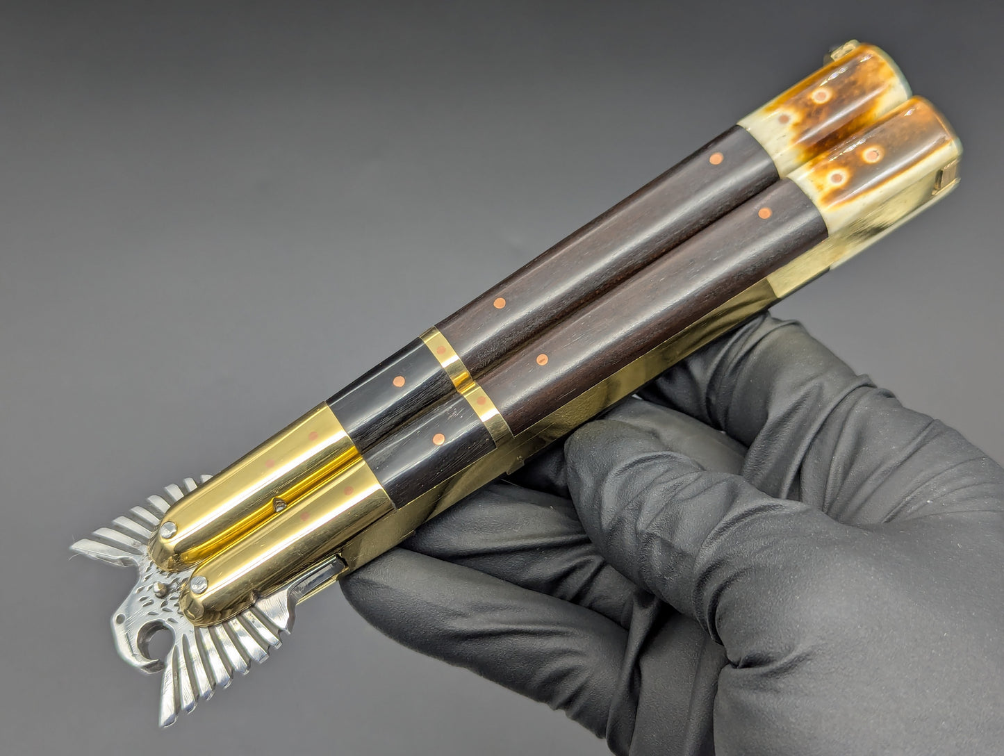 11.25" Dark Wood Carved Eagle FHM Clip Point Balisong