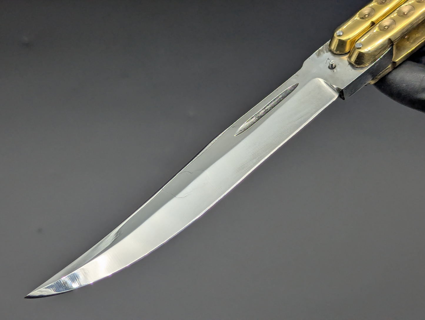 390 GRAM ULTRA HEAVYWEIGHT BRASS FHM BALISONG BLOOD GROOVE CLIP