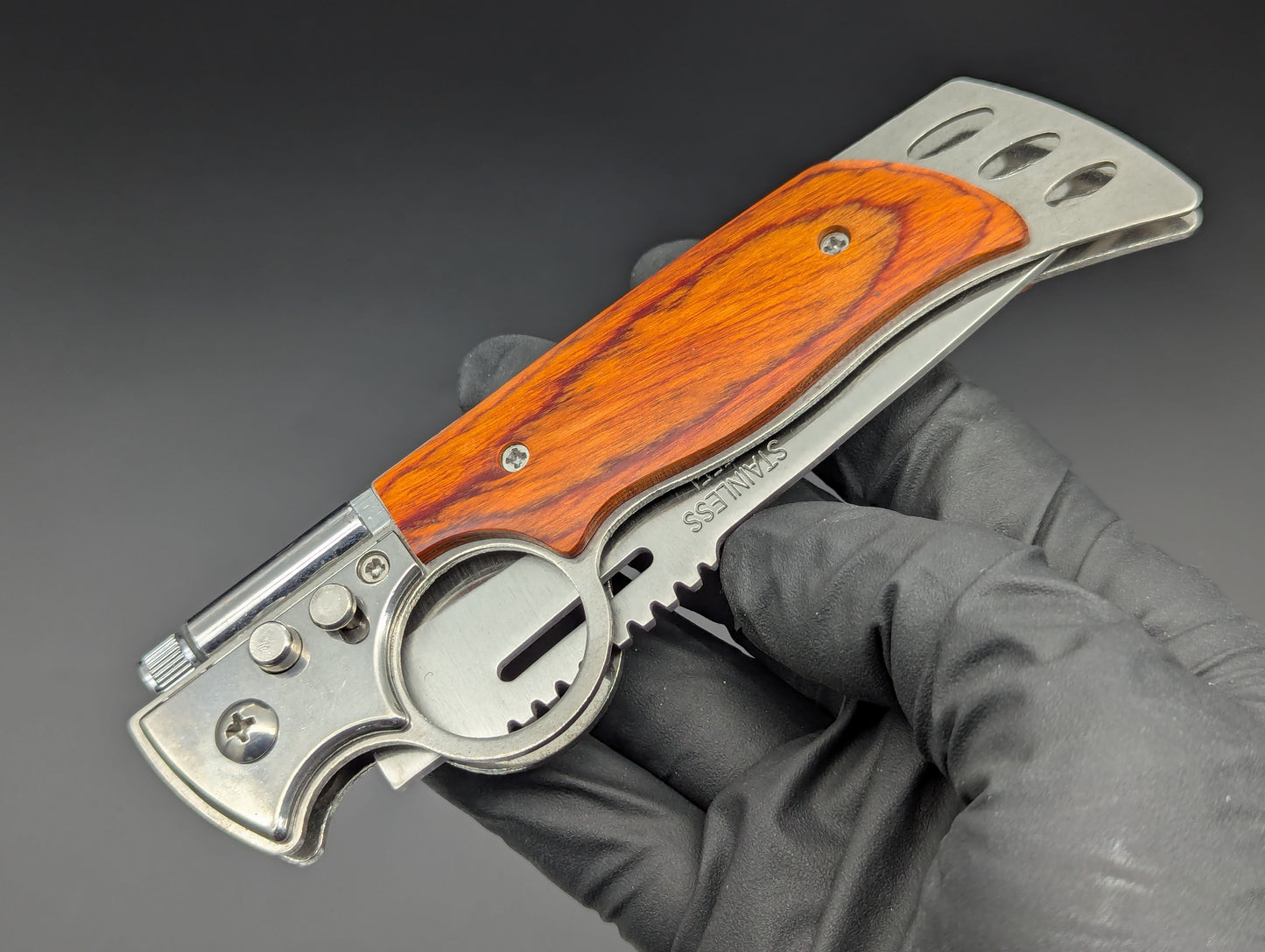 10" CIGAR CUTTER ROSEWOOD SWITCHBLADE KNIFE w/ LIGHT