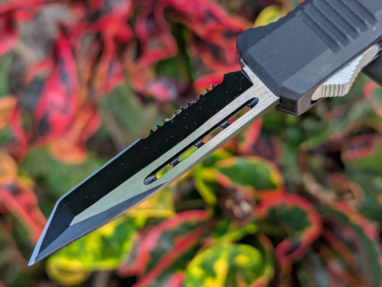 7" Black Mini Tanto Serrated D/A OTF Knife