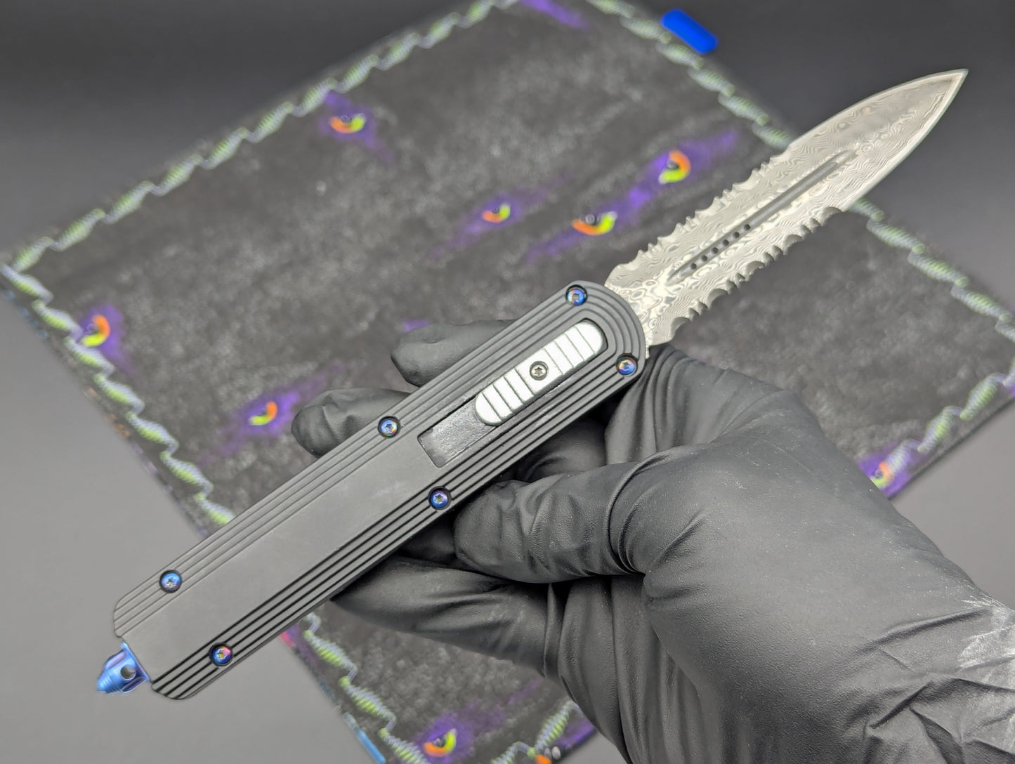 9.25" DAMASCUS DUAL ACTION OTF KNIFE D/E SERR. BLUE HARDWARE