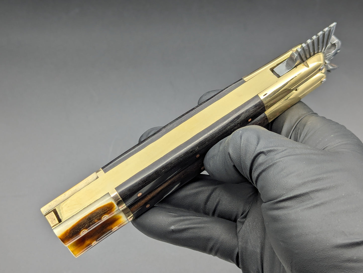 11.25" CARVED EAGLE 2-TONE SCALE BRASS FHM BALISONG MANILA BLADE