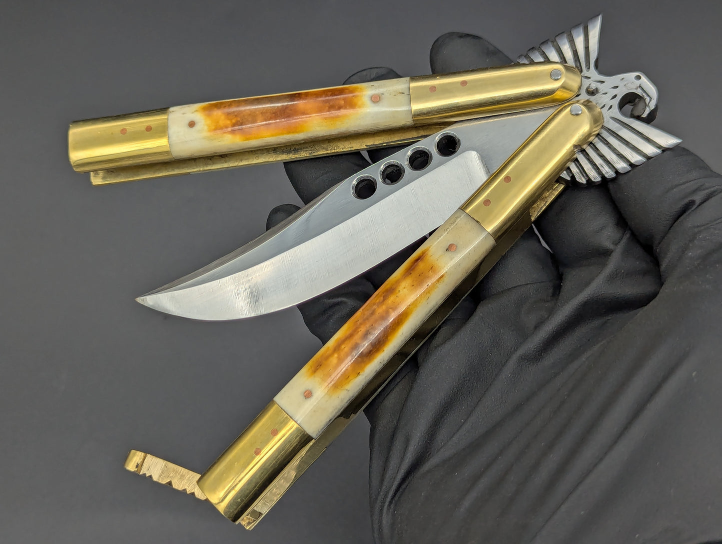 8.7" BURNT BONE RAMBO FHM BALISONG KNIFE EAGLE TANG