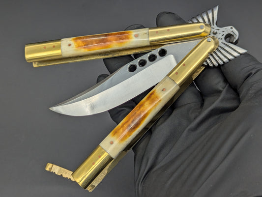 8.7" BURNT BONE RAMBO FHM BALISONG KNIFE EAGLE TANG