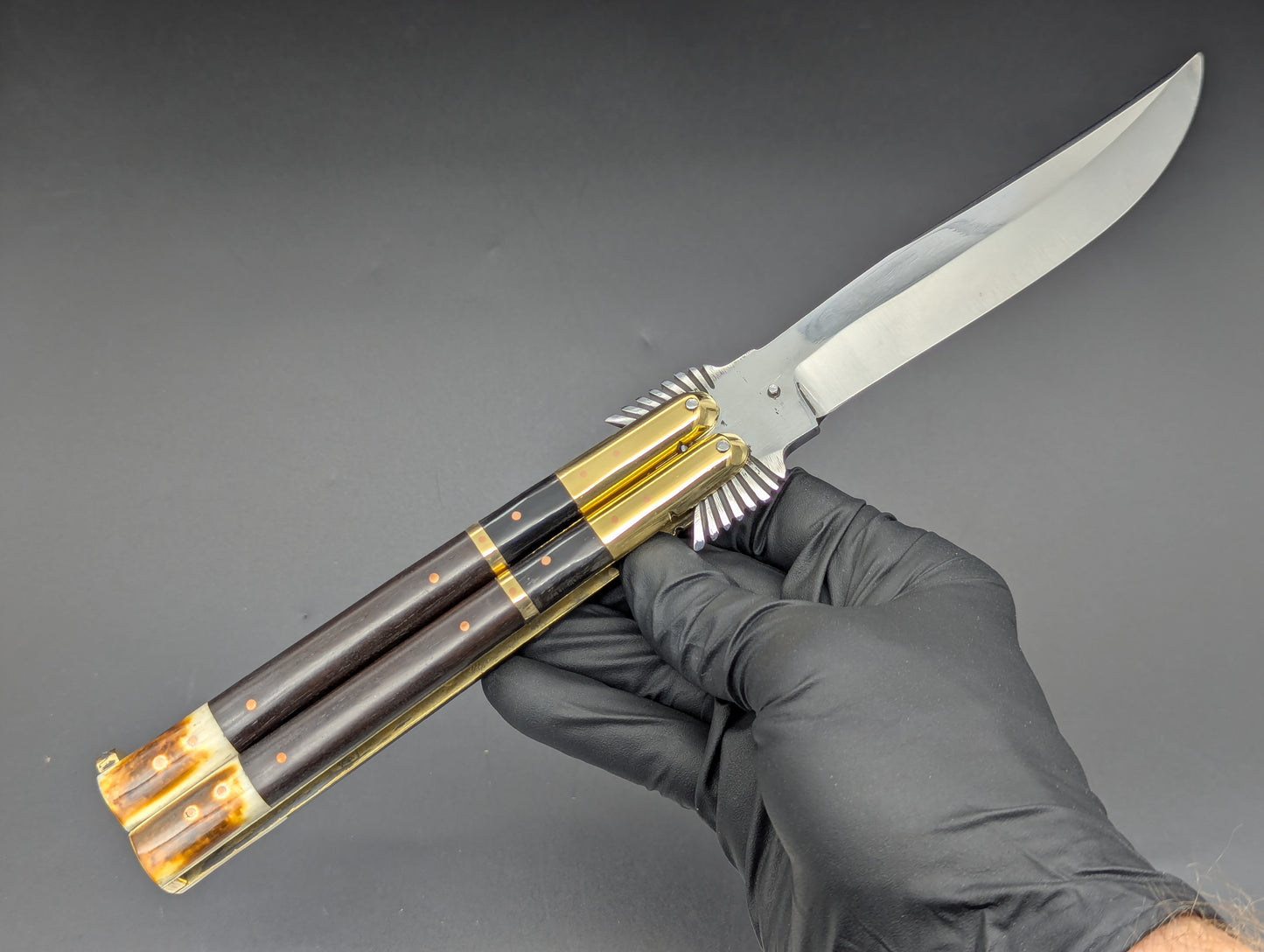 11.25" Dark Wood Carved Eagle FHM Clip Point Balisong