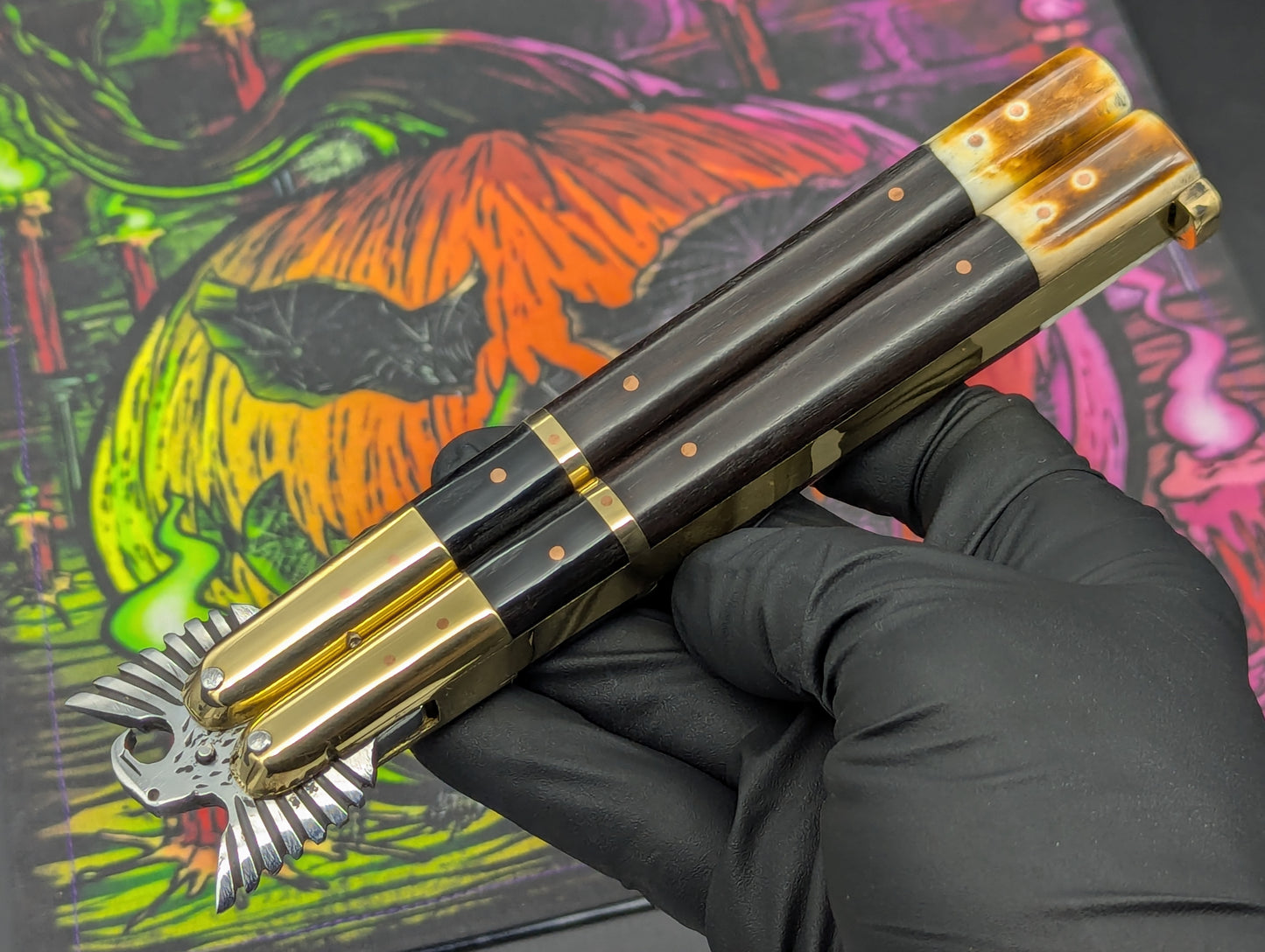 11.25" Dark Wood Carved Eagle FHM Clip Point Balisong
