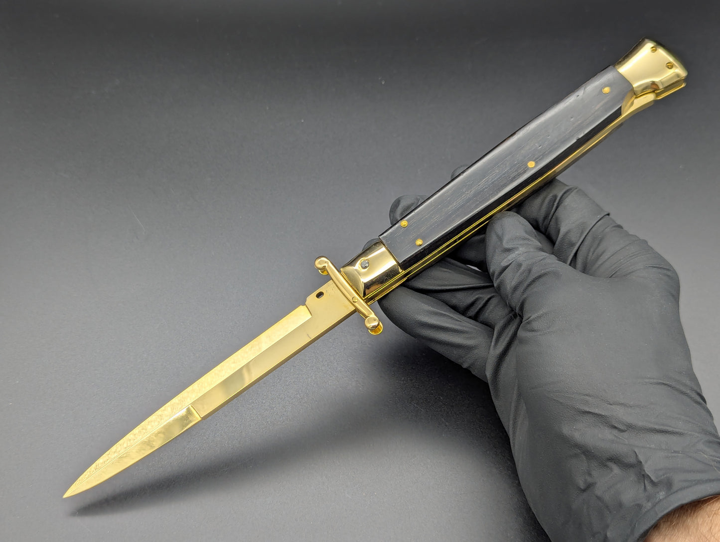 24K GOLD 11" FRANK BELTRAME EBONY WOOD SWINGUARD SWITCHBLADE KNIFE