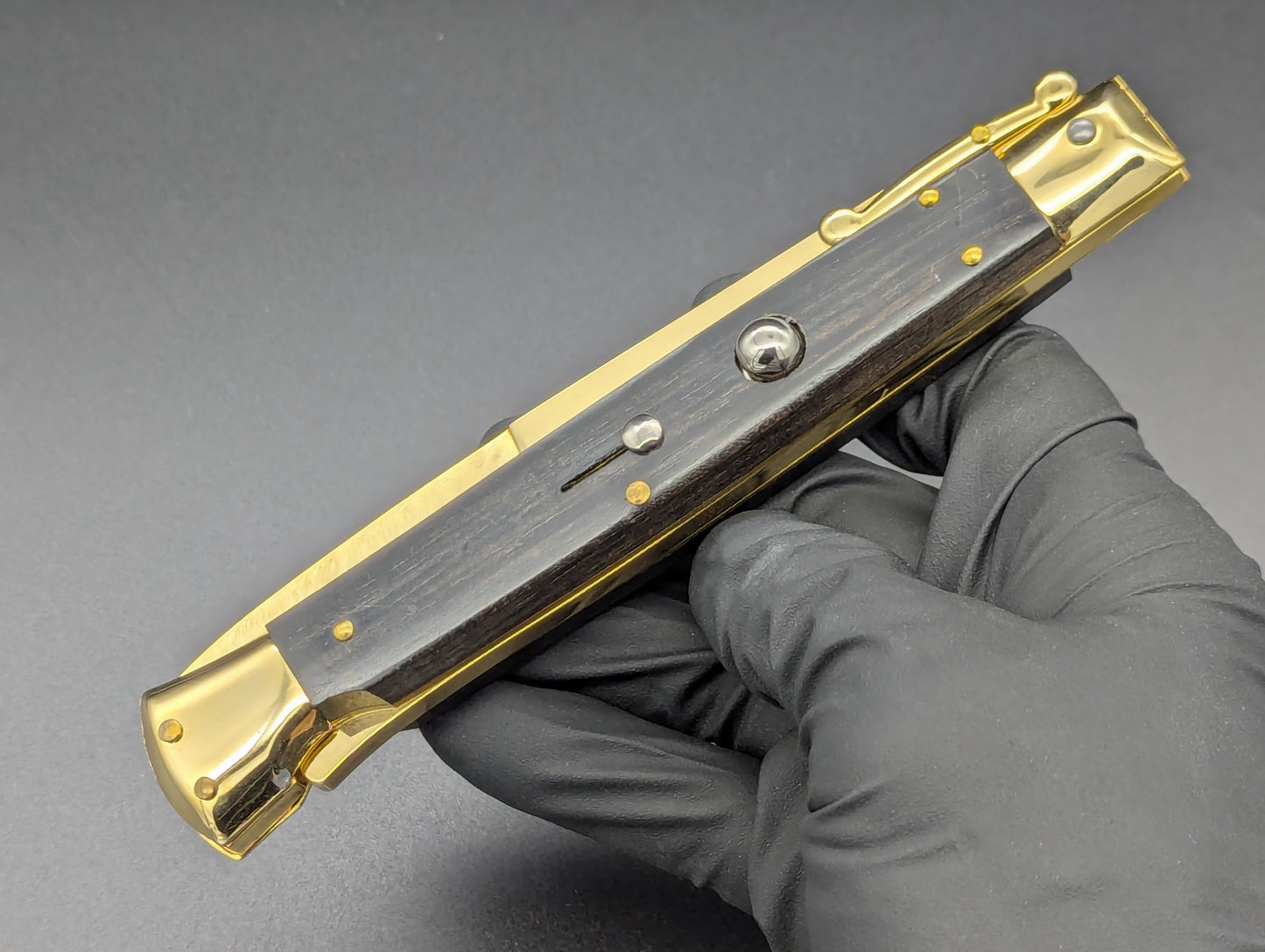 24K GOLD 11" FRANK BELTRAME EBONY WOOD SWINGUARD SWITCHBLADE KNIFE