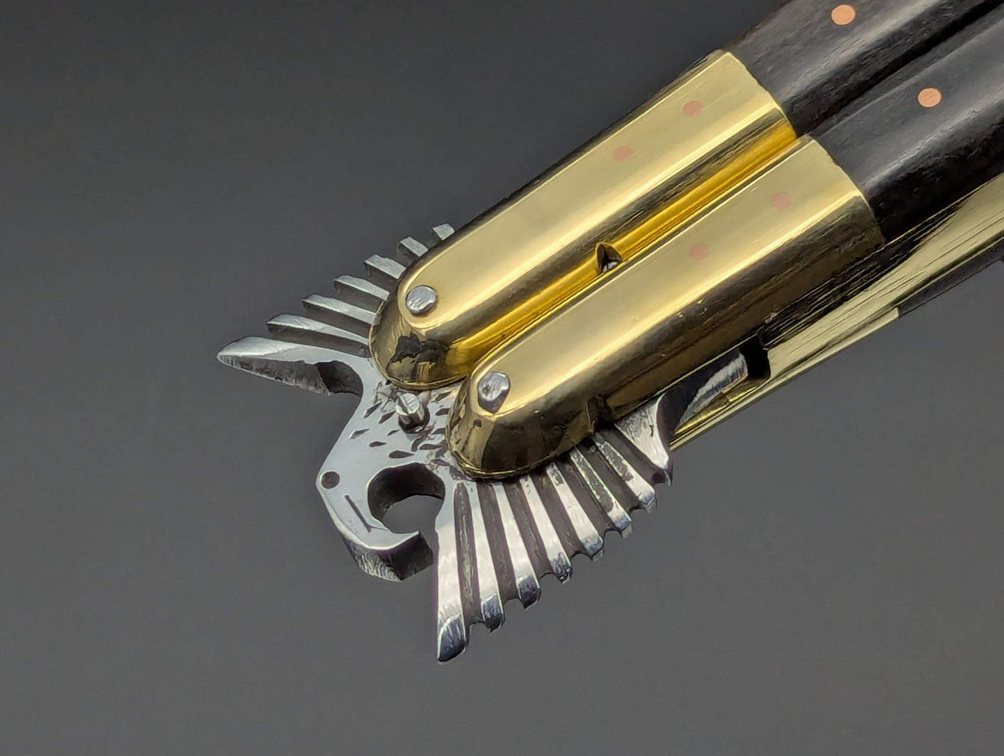 11.25" CARVED EAGLE 2-TONE SCALE BRASS FHM BALISONG MANILA BLADE