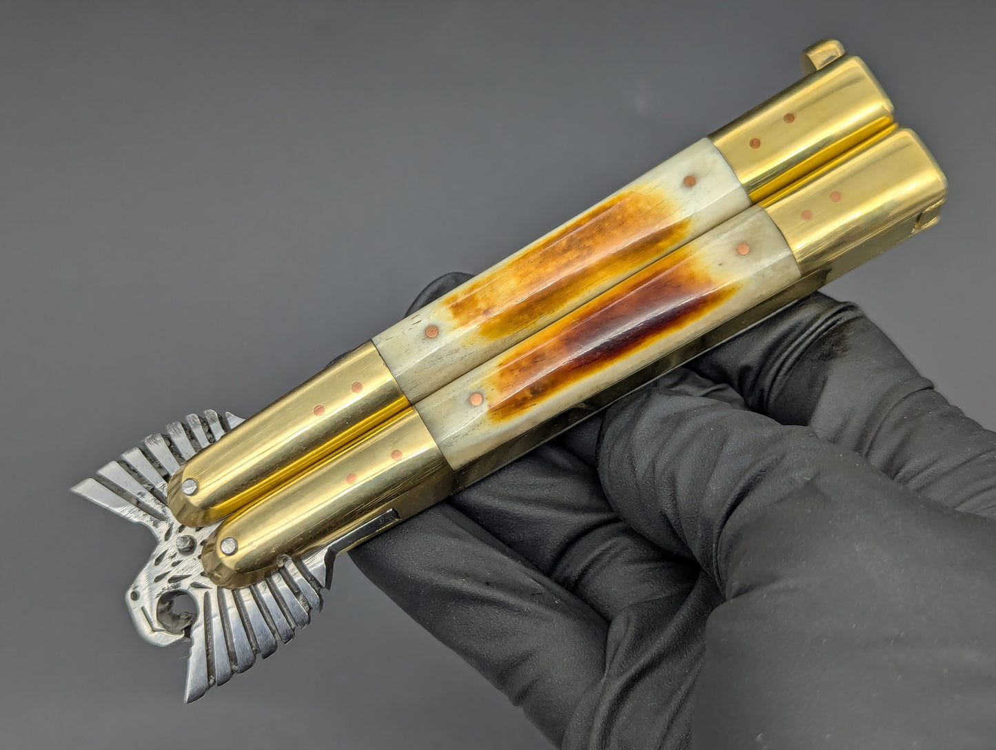 8.7" BURNT BONE RAMBO FHM BALISONG KNIFE EAGLE TANG