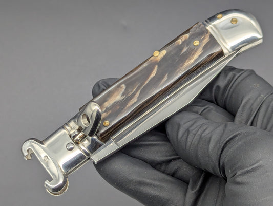 VINTAGE BUFFALO HORN ITALIAN SHELL PULLER SWITCHBLADE KNIFE