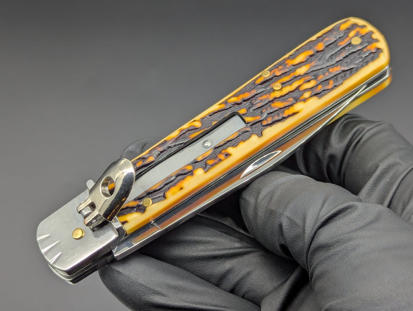 FAUX STAG 7.5" LEVERLOCK SWITCHBLADE KNIFE