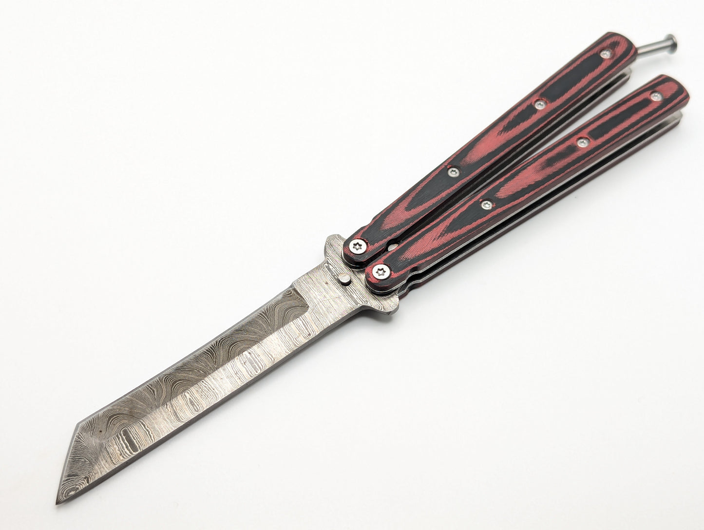 9" Red & Black Micarta Tanto Damascus Butterfly Knife