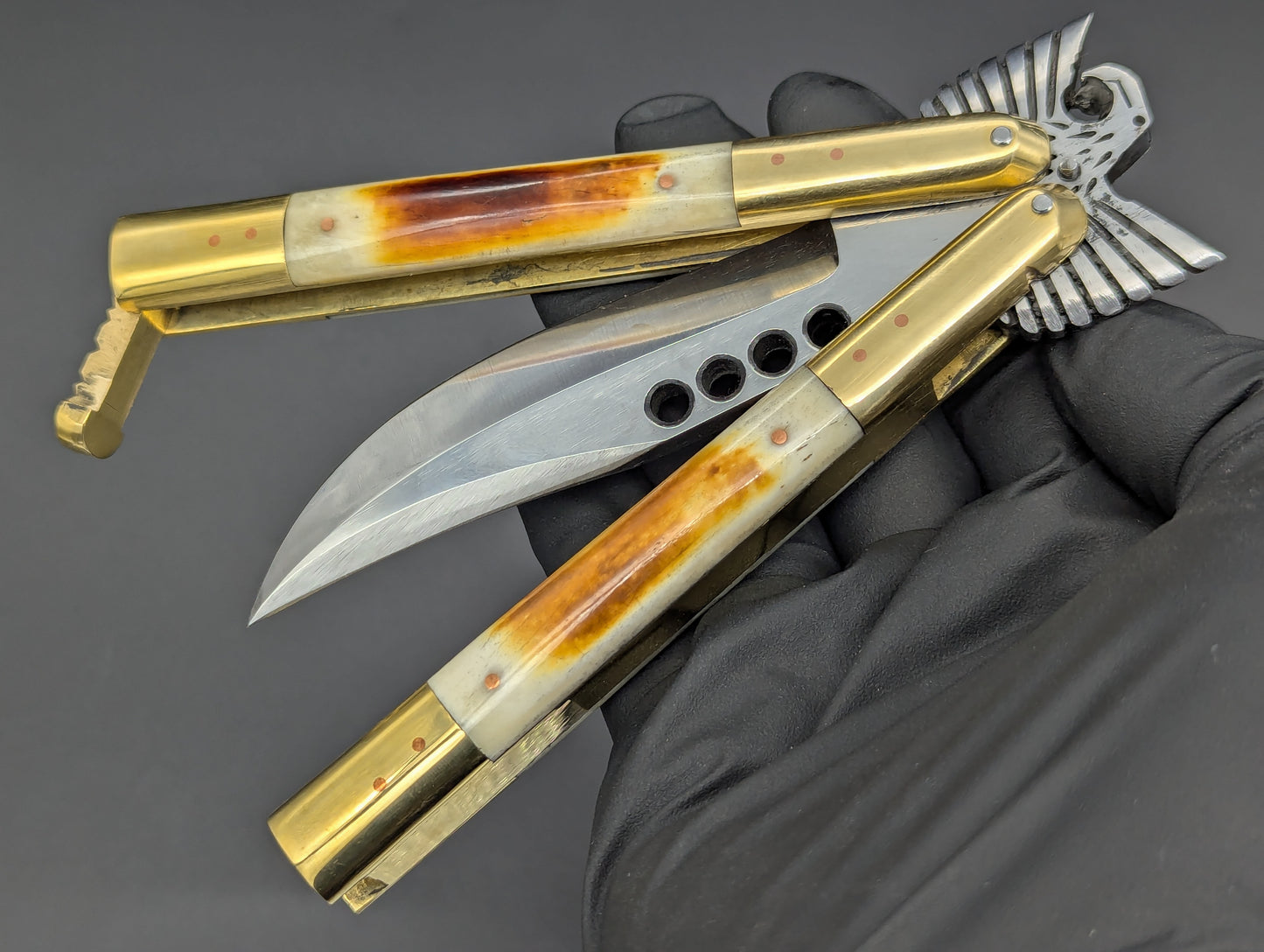 8.7" BURNT BONE RAMBO FHM BALISONG KNIFE EAGLE TANG