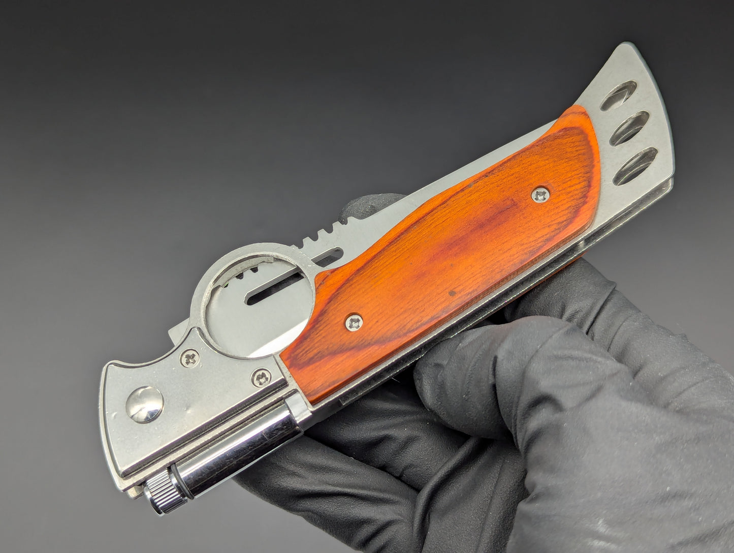 10" CIGAR CUTTER ROSEWOOD SWITCHBLADE KNIFE w/ LIGHT