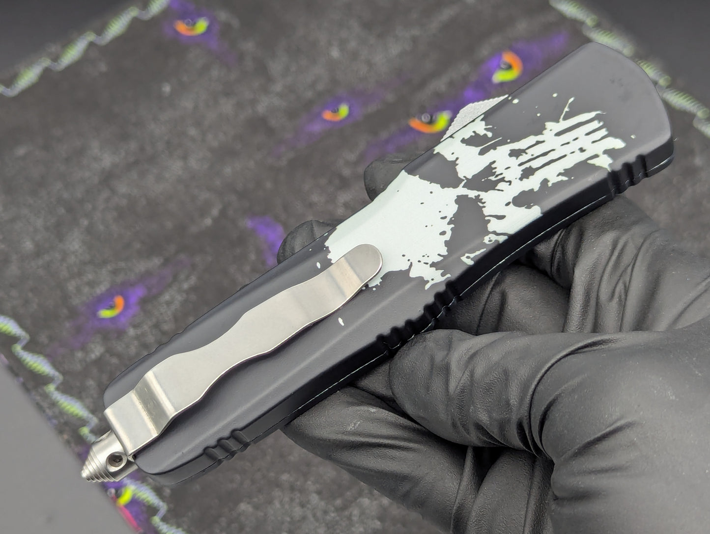 9.25" SKULL CLASSIC D/A OTF KNIFE FAUX DAMASCUS TANTO